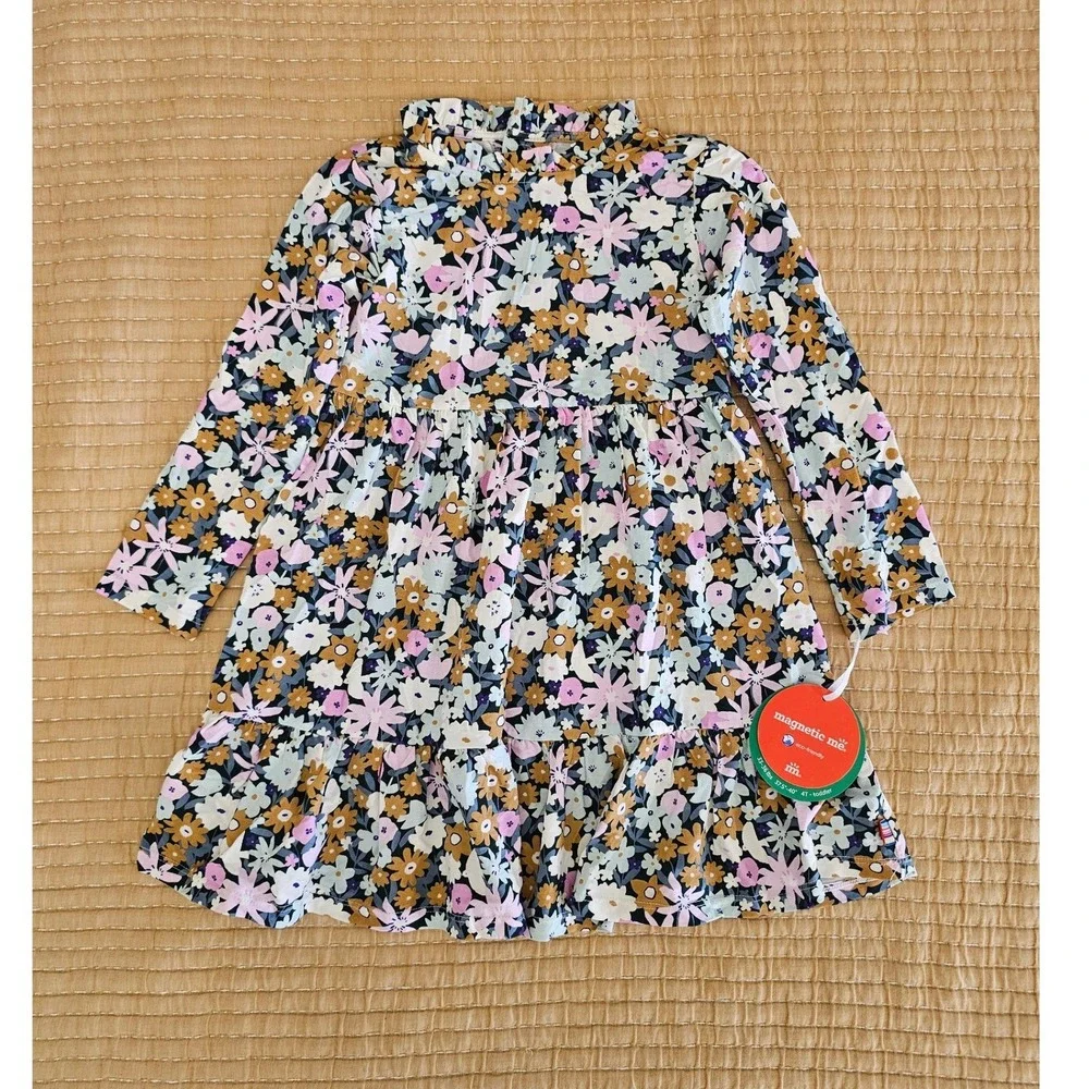 Magnetic Me Finchley 4T Toddler Neck Ruffle Long Sleeve Dress Floral‎ Modal NWT